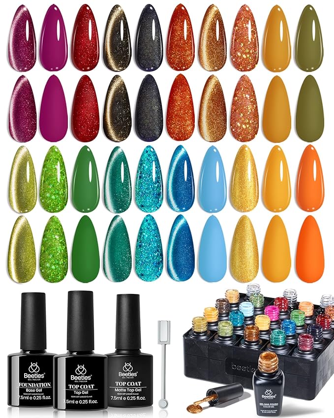 Beetles Gel Nail Polish Set – Glint Crush 20 Colors Cat Eye Gel Polish, Red Green Gold Glitter Black with Base Glossy Matte Top Coat Soak Off UV LED New Year Manicure Kit DIY Salon
