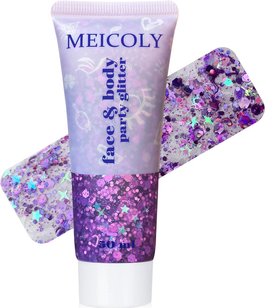 MEICOLY Purple Face Body Glitter,Mermaid Sequins Hair Glitter Makeup,Sparkly Face Glitter for Women and Kids,Chunky Glitter for Festival Rave Accessories,50ml