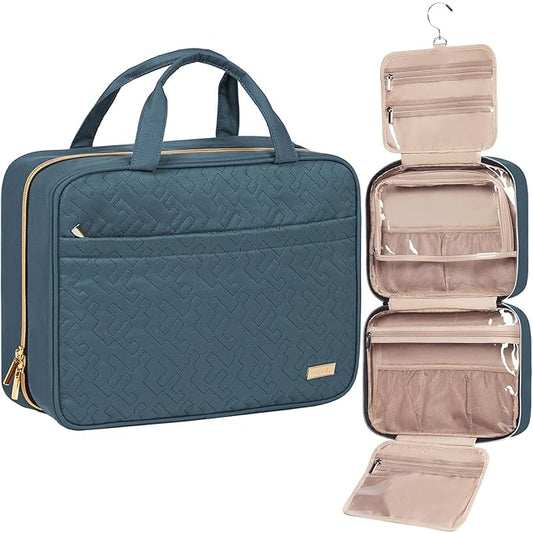 NISHEL Travel Toiletry Bag for women, Portable Hanging Organizer for Family-Sized Shampoo, Conditioner, Brushes Set, Makeup Accessories, Extra Large Size, Lake-Blue
