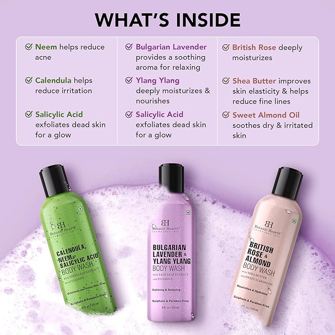 Botanic Hearth Relax & Renew Body Wash Set – British Rose, Lavender & Calendula Neem, Travel-Size 3-Pack, Gentle Cleansing Shower Gel – 4 fl oz Each