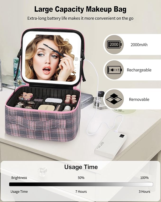 Relavel Travel Makeup Bag With LED Mirror, Portable Cosmetic Organizer Bag with Adjustable Brightness in 3 Color Scenarios, Small Train Case with Detachable Dividers for Trip- Grey Strip