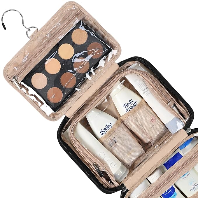NISHEL Travel Toiletry Bag for Women, Makeup Essentials Organizer, Hanging Case for Accessories, Cosmetics, Medium Size, Black