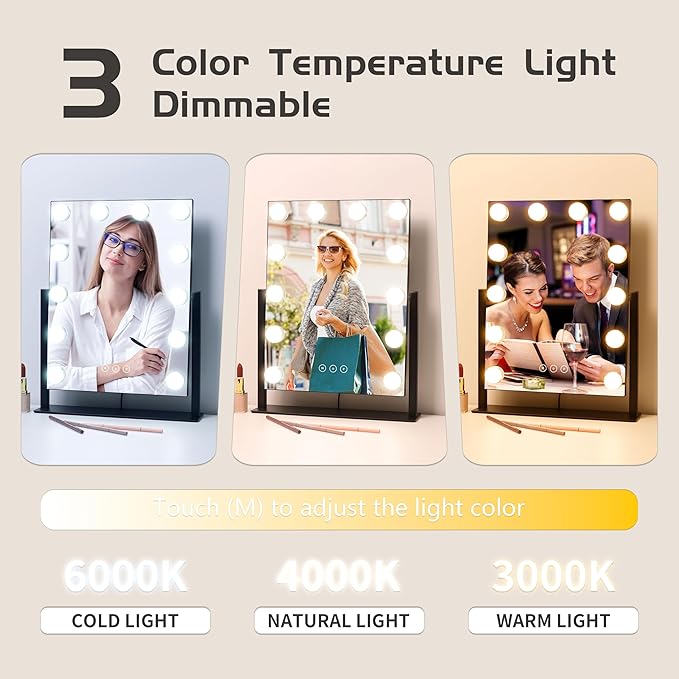 Vanity Mirror with Lights,Lighted Vanity Mirror with 12 Dimmable Bulbs for Dressing Room & Bedroom,3 Color Lighting,Modes Detachable 10x Magnification 360°Ratation