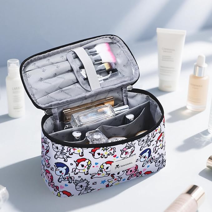 Tokidoki Unicorno Makeup Bag Cute Cosmetic Bag Large Capacity Travel Makeup Case Portable Organizer Toiletry Bag for Women Traveling with Handle (White)