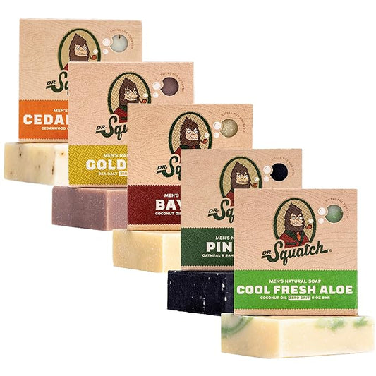 Dr. Squatch Natural Men’s Bar Soap - Cold Process Body Soap Bar with Natural Oils - Gifts for Men - Pine Tar, Gold Moss, Cedar Citrus, Bay Rum & Cool Fresh Aloe (5 oz, 5-Pack)