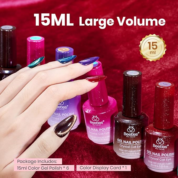 Beetles Cat Eye Gel Nail Polish Set - 6 Colors 15ML Glitter Gel Polish Kit Red Pink Brown Burgundy Purple Blue Green Magnetic Stunning Effect Soak Off UV Nail Art DIY Home Manicure Gift for Women