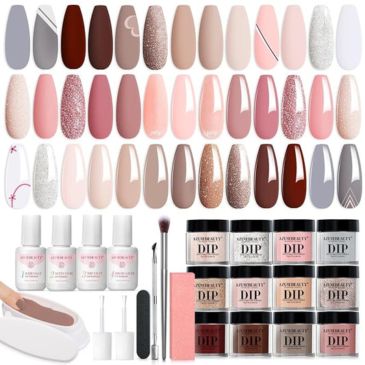 AZUREBEAUTY 29 Pcs Dip Powder Nail Kit Starter, 20 Colors Summer Pastel Pink Red Orange Glitter Acrylic Dipping Powder Liquid Set with Base&Top Coat Activator French Nail Art Manicure DIY Salon Gifts
