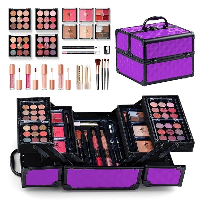 Color Nymph All in one Makeup Kit For Girls Teens, Makeup Set 4 Trays Spacious Space Train Case for Beginner with Eyeshadow Highlighter Lipgloss Blush Contour Concealer Brush Eyeliner Lipbalm
