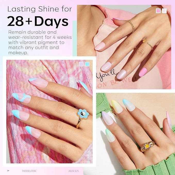 modelones 32 PCS Spring Gel Nail Polish Set, 28 Colors Pastel Gel Polish with No Wipe Base Coat, Glitter & Glossy & Matte Top Coat Maracon Colors Soak Off LED Nail Art Kit