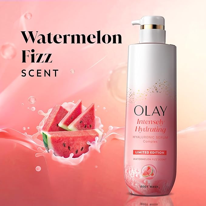 Olay Body Wash for Women, Intensely Hydrating, Pro-Hyaluronic Acid Serum Complex, Renews Moisture, Vitamin B3 Lameller Technology, For All Skin Types, Watermelon Summer Fizz Scent, 20 fl oz
