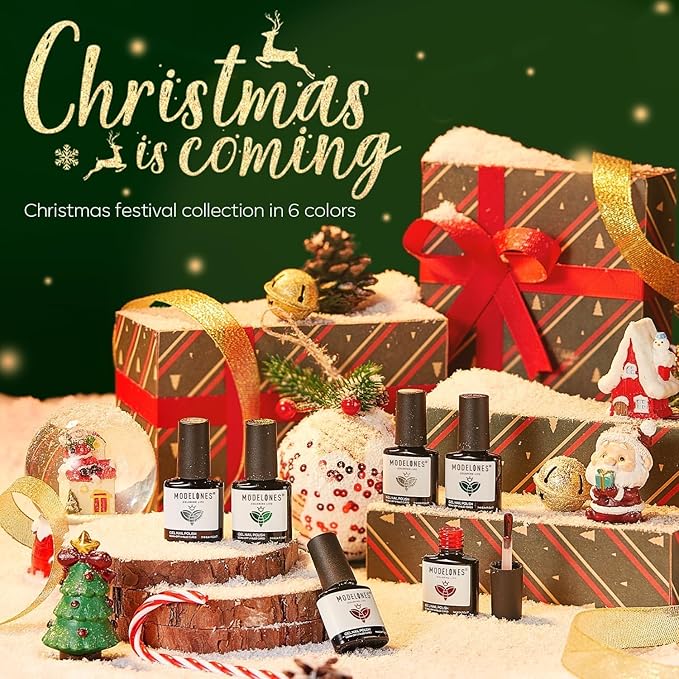 Modelones Christmas Gel Nail Polish Set, 6 Colors 2025 Winter Sparkle Dark Green Red Silver Champagne Rose Gold Glitter Gel Polish Kit New Year Soak Off Nail Art Manicure Salon DIY Home Gift