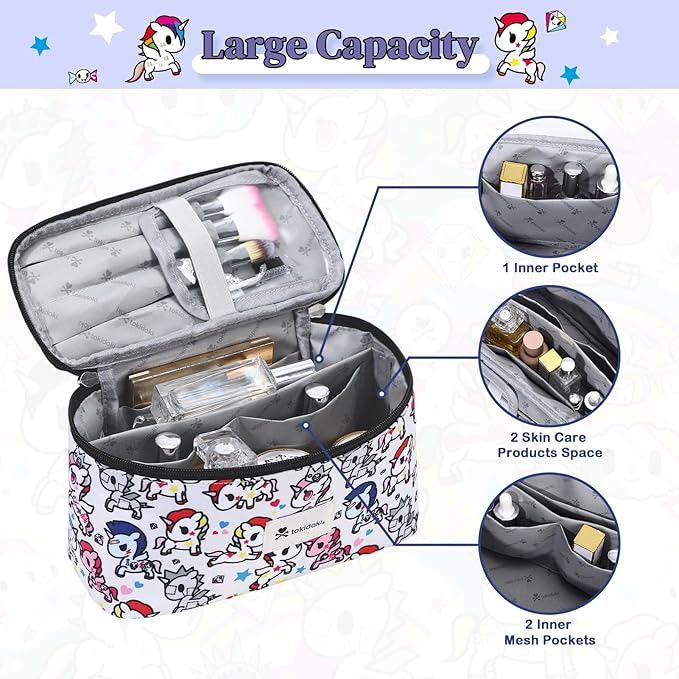 Tokidoki Unicorno Makeup Bag Cute Cosmetic Bag Large Capacity Travel Makeup Case Portable Organizer Toiletry Bag for Women Traveling with Handle (White)
