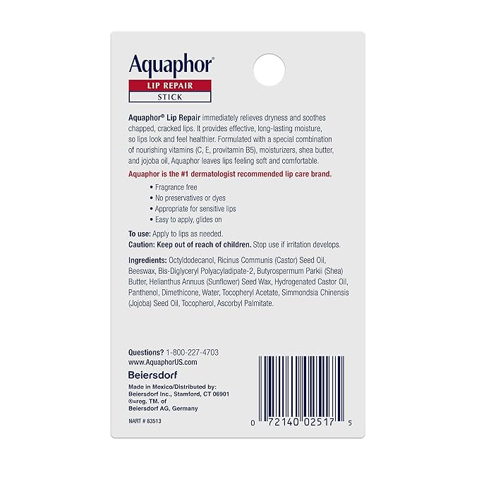 Aquaphor Lip Repair Stick, Moisturizing Lip Balm Pack, Relieves Dryness, Holiday Gifts for Self Care, 0.17 Oz Stick, Pack of 2