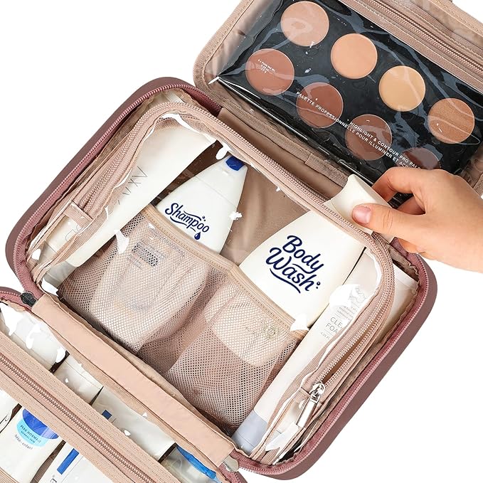 NISHEL Travel Toiletry Bag for Women, Makeup Essentials Organizer, Hanging Case for Accessories, Cosmetics, Medium Size, Rosewood-Pink