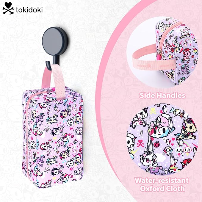 Tokidoki Makeup Bag for Women, Large Capacity Cosmetic Organizer & Toiletry Pouch with Handle, Official Licensed Unicorno Travel Cartoon Portable Makeup Case