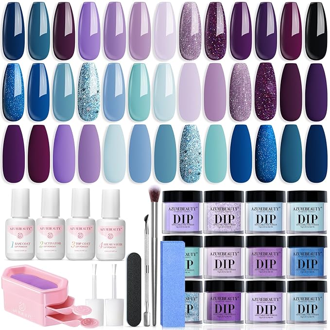AZUREBEAUTY Dip Powder Nail Kit Starter, 20 Colors Purple Blue Glitter Dipping Powder Recycling Tray Essential Liquid Set Base Top Coat Activator French Dip Nails Art Manicure Beginner Salon 31 Pcs