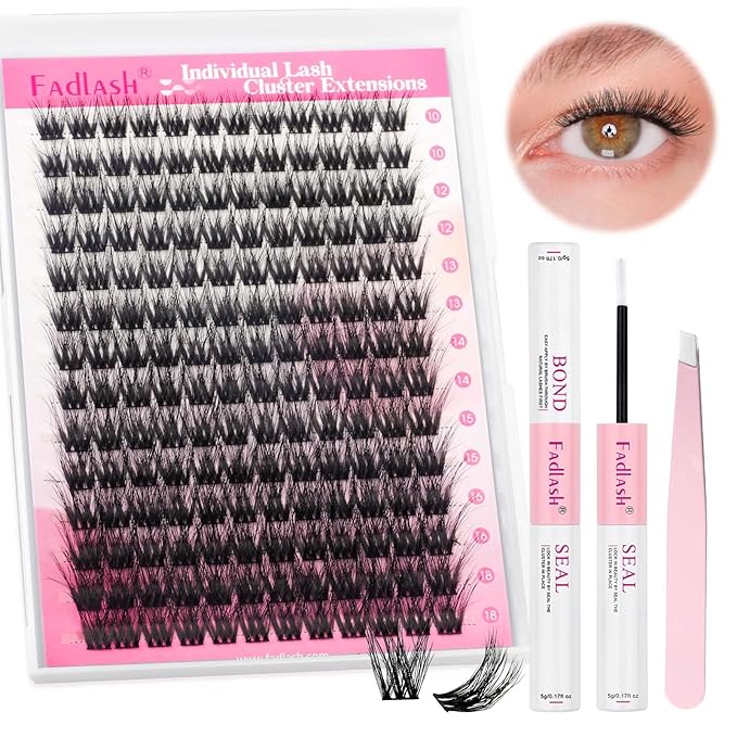 Lash Extension Kit, FADLASH DIY Individual Lashes Clusters Kit with 3D Lash Clusters Lash Bond and Seal and Lash Tweezers for DIY Eyelash Extension Easy to Apply at Home (R13-07-D-10-18MIX)