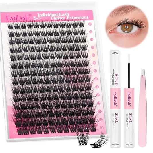 Lash Extension Kit, FADLASH DIY Individual Lashes Clusters Kit with 3D Lash Clusters Lash Bond and Seal and Lash Tweezers for DIY Eyelash Extension Easy to Apply at Home (R13-07-D-10-18MIX)