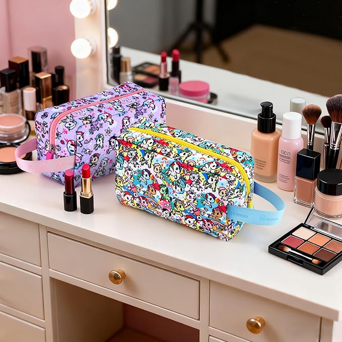 Tokidoki Makeup Bag for Women, Large Capacity Cosmetic Organizer & Toiletry Pouch with Handle, Official Licensed Unicorno Travel Cartoon Portable Makeup Case