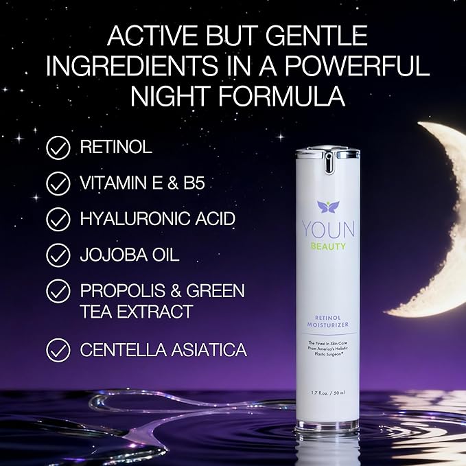 YOUN Beauty Retinol Night Cream Moisturizer for Face by Holistic Dr. Anthony Youn – Paraben-Free Face Moisturizer with Vitamin B5 & E, Hyaluronic Acid, and Green Tea for Skin Renewal, 50ml