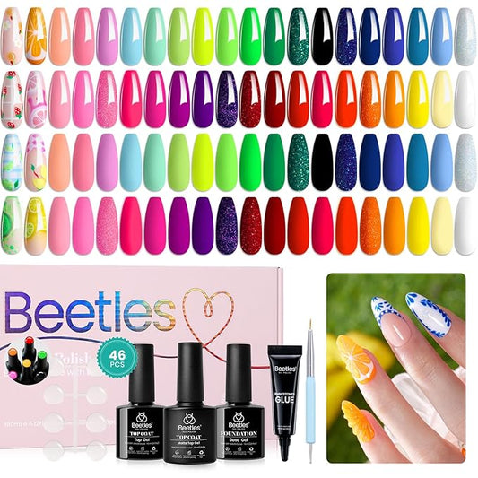 Beetles Gel Nail Polish Set-36 Colors Rainbow Nails Neon Juicy Picnic Party Collection & Rhinestone Gel Nail, 46Pcs Fruit Bubbles Nails Blue Green Pink Color with Top Base Coat Liner Brush