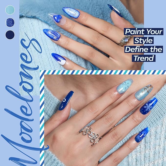modelones Blue Gel Nail Polish Set, 6 Colors Winter Cat Eye Glitter Color Changing Chameleon Gel Polish Kit with Magnet Snow Stickers Soak Off Led Nail Art Manicure Salon DIY New Year Holiday Gifts