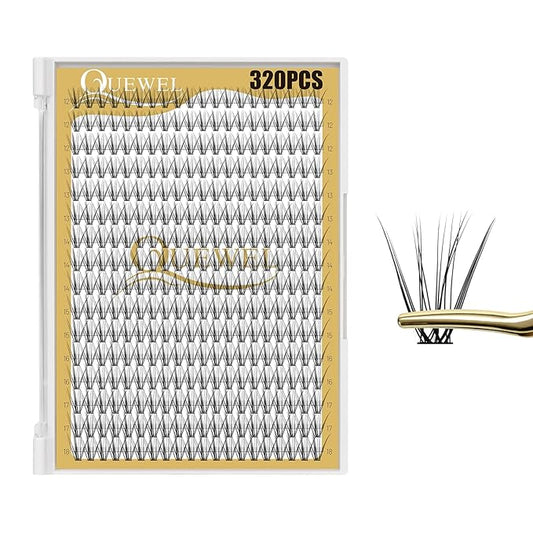 QUEWEL Lash Clusters 320Pcs Cluster Lashes 20D C Curl Lash Cluster Eyelash Extensions Mix12-18mm Individual Eyelashes Clusters Wispy Lash Clusters Thin Band Soft to Use at Home (20D C Mix12-18)