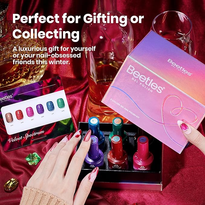 Beetles Cat Eye Gel Nail Polish Set - 6 Colors 15ML Glitter Gel Polish Kit Red Pink Brown Burgundy Purple Blue Green Magnetic Stunning Effect Soak Off UV Nail Art DIY Home Manicure Gift for Women