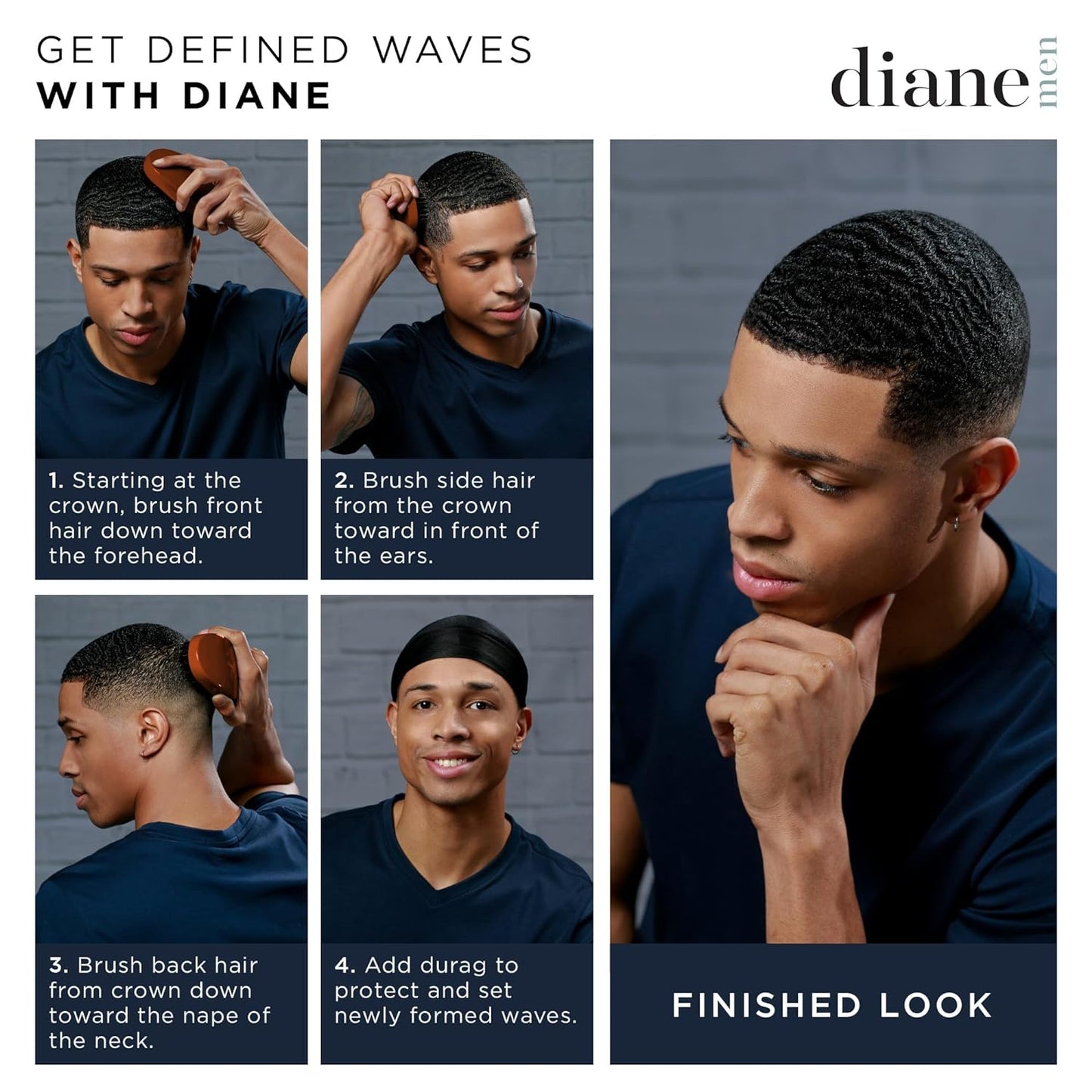 Diane Premium 100% Boar Bristle 7 Row Wave Brush for Men and Barbers, Medium-Firm Bristles for Thick Coarse Hair, Detangling, Smoothing