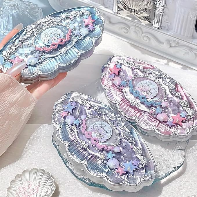 Flower Knows Shell's Jewel 6-Color Makeup Palette,Pink Blue Face Makeup Palette with 4 Matte + 2 Shimmer Shades,Blendable Smooth Cute Make Up,0.23 Oz(02 Mermaid's Tears)