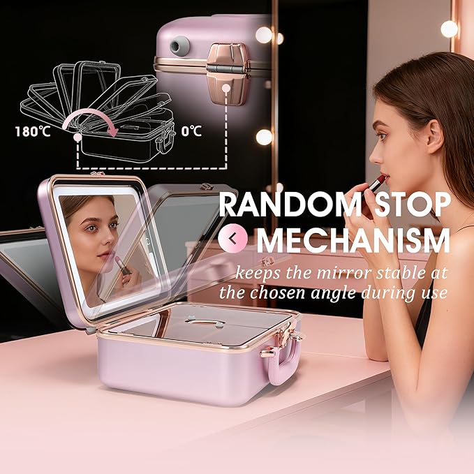Travel Makeup Case with LED Lighted Mirror 12 Inch Portable Makeup Box Organizer Adjustable Brightness in 3 Colors Cosmetic Storage Case with Dividers Hard Aluminum Shell Vanity Box Pink