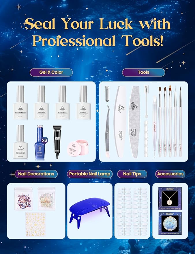 Beetles Midnight Vampire Lucky Box, Scorpio Zodiac Gel Nail Polish Kit Black Purple Burgundy Red Colors, All-in-One Nail Art Set with Tools, Necklace Badge, Salon DIY Zodiac Gift for Women