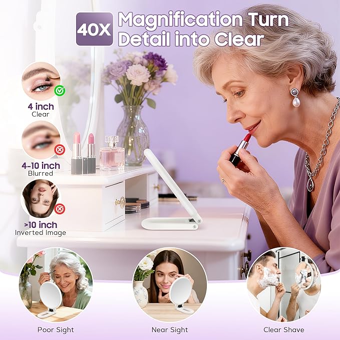 B Beauty Planet 40X Magnifying Mirror, Hand Mirror with Handle, Double Sided Hand Mirror with 40X/1X Magnification, Travel Essential Portable Foldable Makeup Mirror for Precision Makeup White