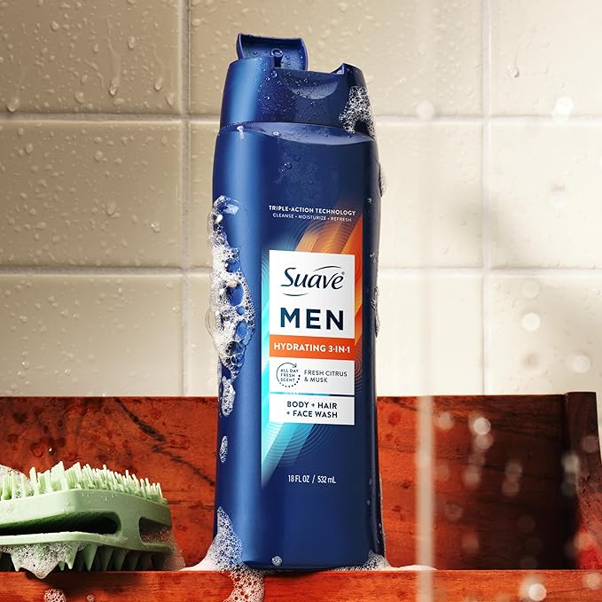 Suave Men Hydrating 3-in-1 Body + Hair + Face Wash with Glycerin & Vitamin E, Cleanse, Moisturize, Refresh, No Parabens or Pthalatates, Long-Lasting Fragrance, 18 FL OZ, 6 Count