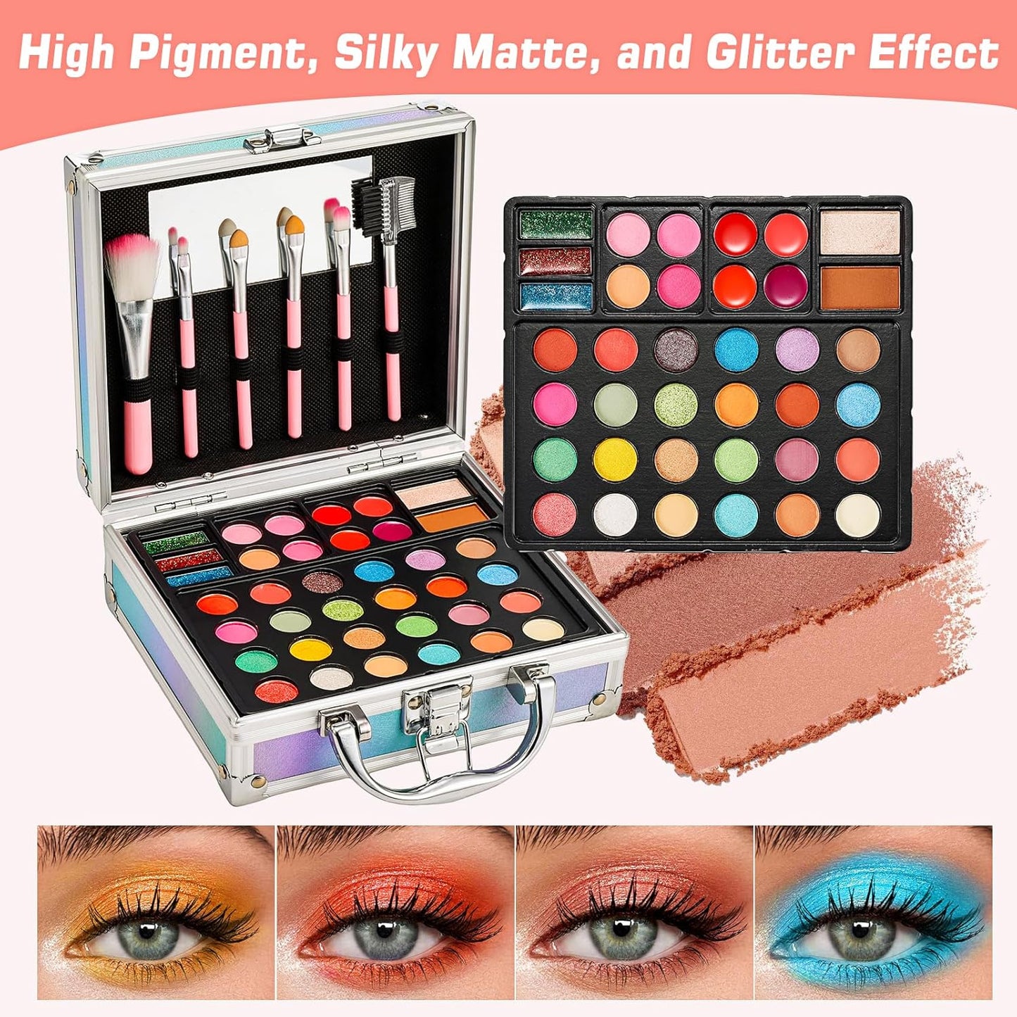 Anpro All-In-One Makeup Carry Case with Pro Teen Makeup Set, Full Starter Cosmetics Kit with Makeup Brushes, Eye Shadows Palette, Blushes, Glitter Gel, Temporary Tattoo Stickers - Blue