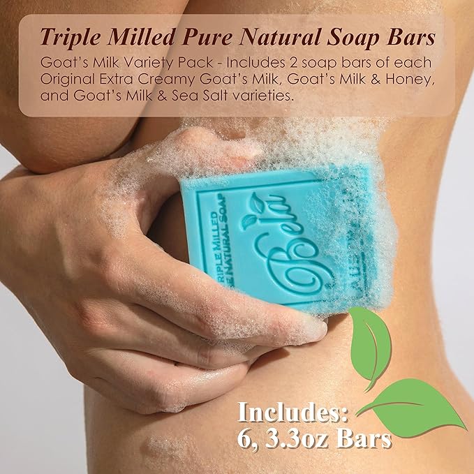 BELA Soap Bar Variety Pack, Pure Goats Milk, Honey, and Sea Salt, Long Lasting, Triple Milled Face Hand and Body Soap Enriched with Organic Shea Butter