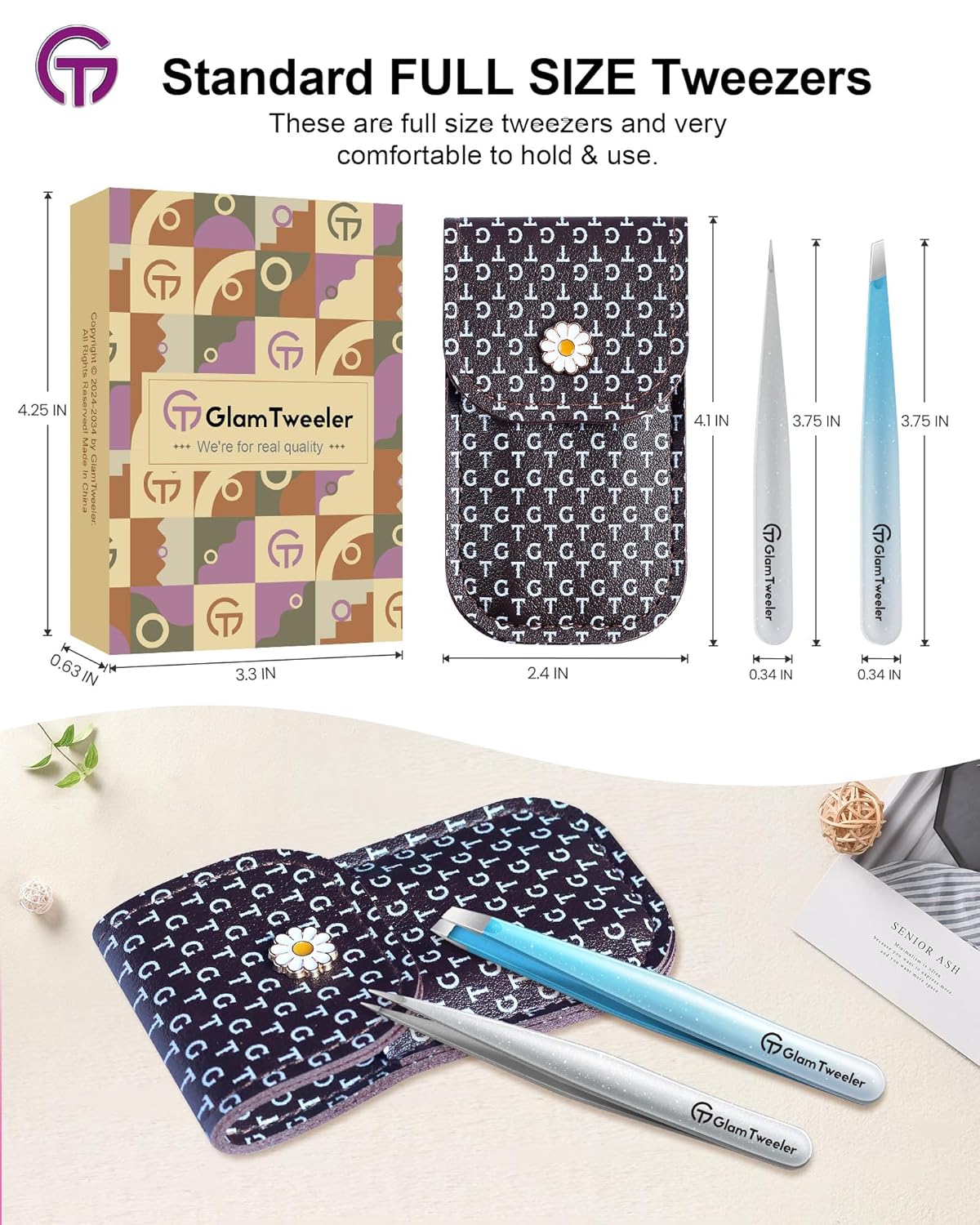 Expert Slant and Point Tip Tweezer Set with Exclusive Storage & Carrying Case, GlamTweeler Sharp & Precision Tweezer Set for Eyebrows, Facial Hairs and Fine Hairs Removal (Sparkle Blue + Silver)