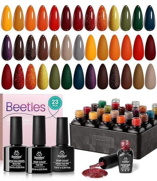 Beetles Gel Nail Polish Set - 20 Colors Cozy Campfire Shade Collection Gel Polish Set Orange Yellow Green Brown Red Shades UV LED Soak Off DIY Home Salon Manicure Gift for Women