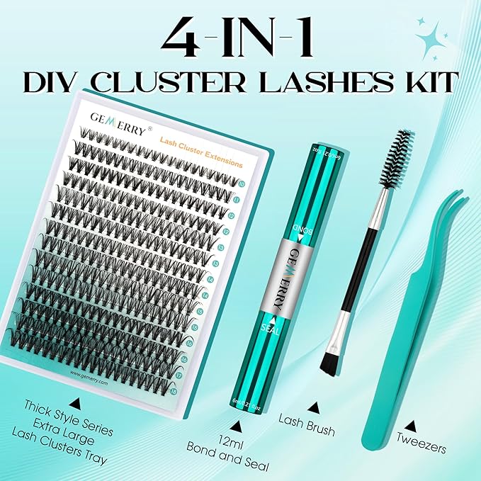 GEMERRY Lash Extension Kit DIY 280pcs Lash Clusters Kit Eyelash Extension Kit D Curl Individual Lashes Kit with Lash Bond and Seal Lash Tweezers for Self Use（30P-10-18mm)