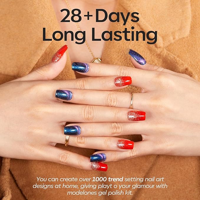 modelones 32 PCS Fall Gel Nail Polish Kit, 28 Colors Cat Eye Glitter Brown Red Orange Gel Polish with Base Coat, Glitter & Glossy & Matte Top Coat Soak Off LED Nail Art Kit Salon at Home