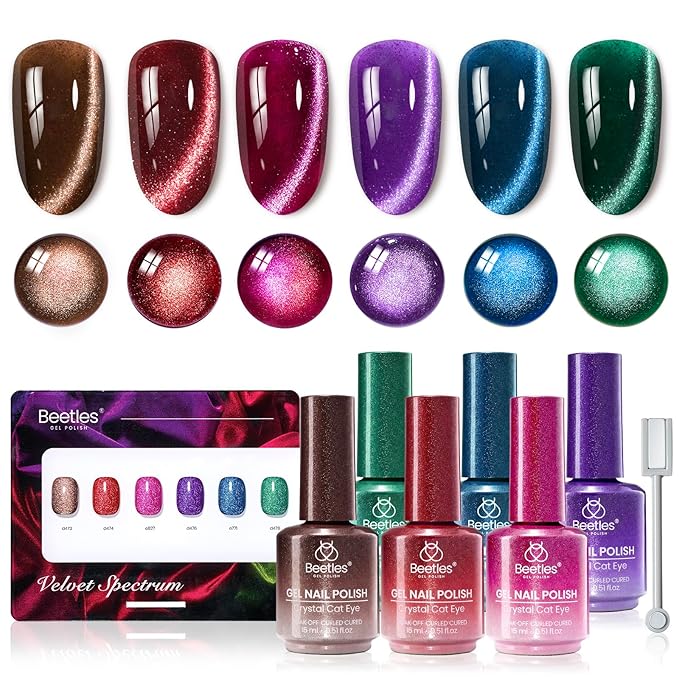 Beetles Cat Eye Gel Nail Polish Set - 6 Colors 15ML Glitter Gel Polish Kit Red Pink Brown Burgundy Purple Blue Green Magnetic Stunning Effect Soak Off UV Nail Art DIY Home Manicure Gift for Women