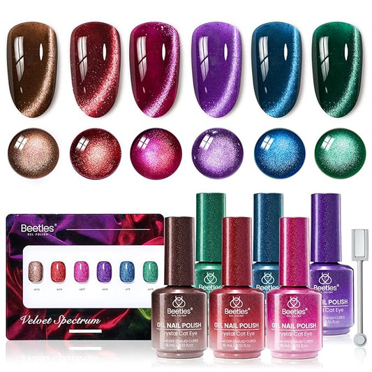 Beetles Cat Eye Gel Nail Polish Set - 6 Colors 15ML Glitter Gel Polish Kit Red Pink Brown Burgundy Purple Blue Green Magnetic Stunning Effect Soak Off UV Nail Art DIY Home Manicure Gift for Women