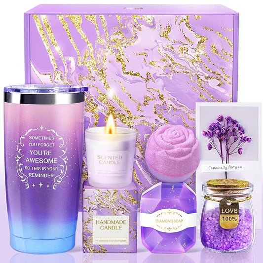 Birthday Gifts for Women, Valentines Day Gifts for Her, Wife, Girlfriend, Coworker, Grandma, Bestie, Romantic Purple Self Care Spa Relaxation Baskets Gift Set Idea for Her Anniversary