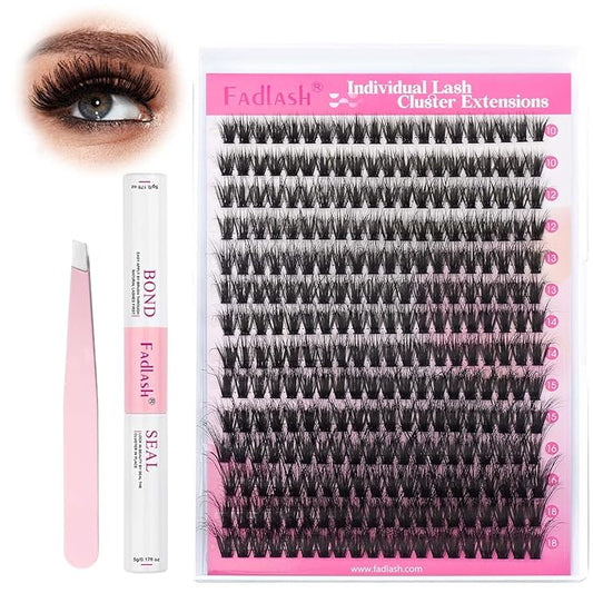 FADLASH Lash Extension Kit 60D Lash Clusters D Curl DIY Eyelash Extension Kit with Lash Bond and Seal Lash Applicator 3D Effect Lash Cluster Kit fluffy (60D Kit, Mix 10-18mm)