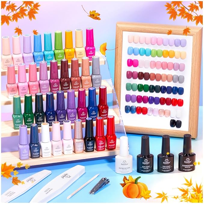 beetles Gel Polish Shifting Lights - Gel Nail Polish Set Brown Burgundy Red Black White Green Purple Glitter 36 Colors with Base Coat Glossy Matte Glitter Top Coat UV LED Soak Off Gift for Women