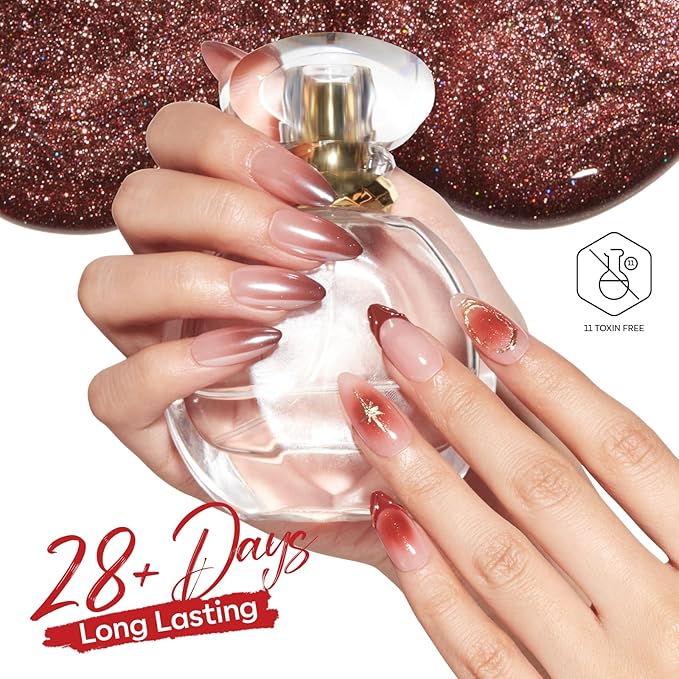 modelones 32 PCS Gel Nail Polish Kit, 28 Colors Christmas Gel Polish with Blooming Gel, Base Coat, Glossy & Matte Top Coat Cat Eye Jelly Glitter Chameleon Soak Off LED Nail Art Kit Salon at Home