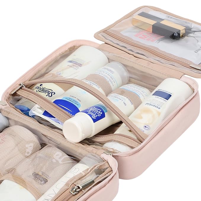 NISHEL Travel Toiletry Bag for Women, Makeup Essentials Organizer, Hanging Case for Accessories, Cosmetics, Medium Size, Pink