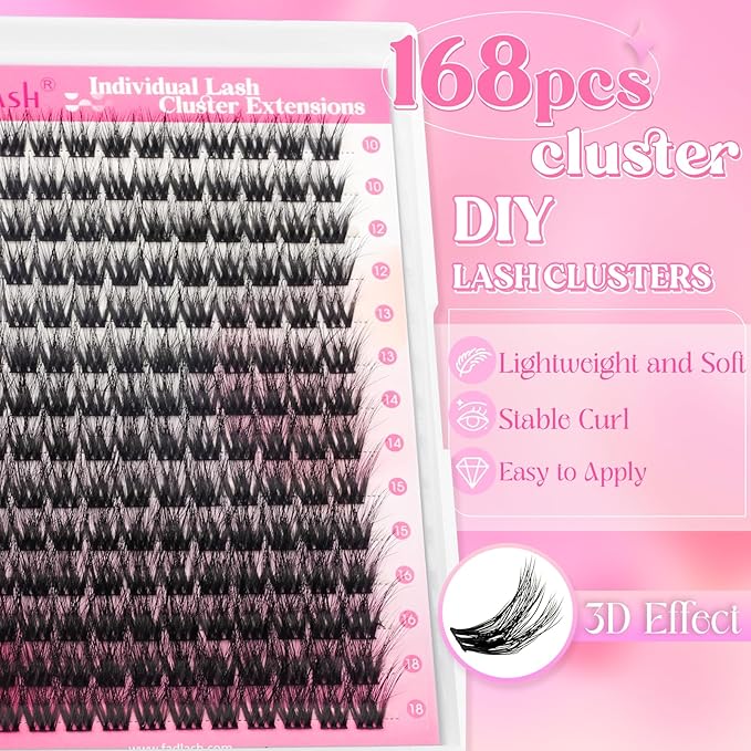 Lash Extension Kit, FADLASH DIY Individual Lashes Clusters Kit with 3D Lash Clusters Lash Bond and Seal and Lash Tweezers for DIY Eyelash Extension Easy to Apply at Home (R13-07-D-10-18MIX)
