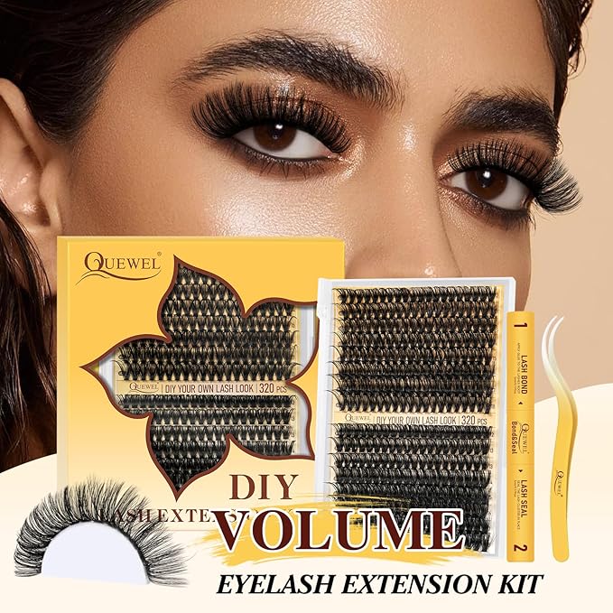 QUEWEL Lash Clusters Kit, 320Pcs 60D+80D Lash Cluster Eyelash Extensions Mix 12-18mm 3D Eyelash Clusters with Lash Bond and Seal and Lash Tweezers Easily Create 3D Lashes Clusters at Home(60+80D Kit)