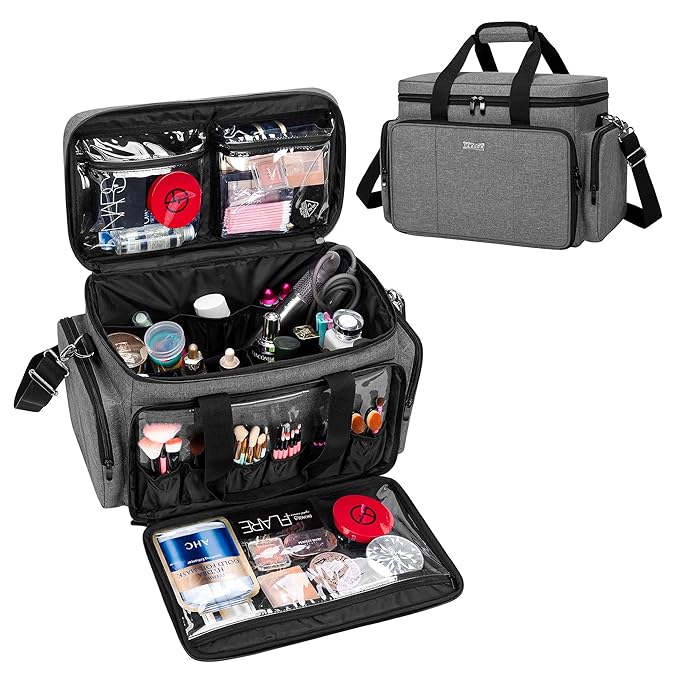 BAFASO Large Makeup Bag Cosmetic Bag with Removable Dividers, Travel Makeup Case Holds Cosmetics and Hair Supplies, Gray